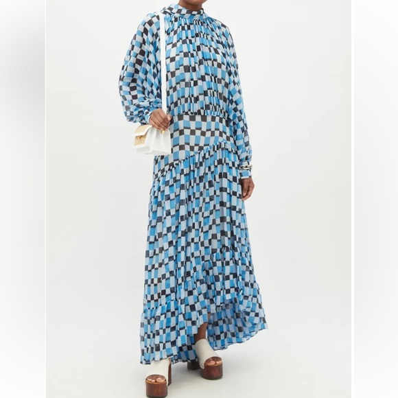NWT Marni blue Dolman-sleeve checked silk maxi dress